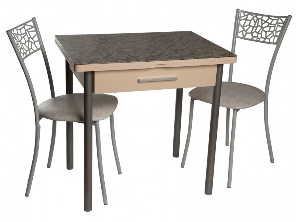 Кухонный стол DP-010306101 Стол ДП1-03-06 800х600 (1200) М37 "Милагро" стекло "Мозаика бежевая"/крем, Ноги для стола прямые (металлик)