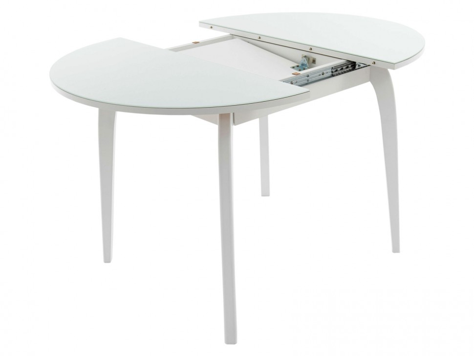 Кухонный стол Стол раздвижной РИВЬЕРА СВ Круг- стекло (D 900) без ног + Опора №1 изогнутая из массива дерева (Белый комплект из 4 ног)