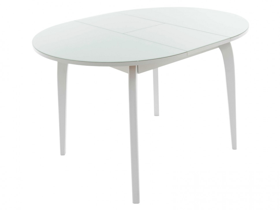 Кухонный стол Стол раздвижной РИВЬЕРА СВ Круг- стекло (D 900) без ног + Опора №1 изогнутая из массива дерева (Белый комплект из 4 ног)