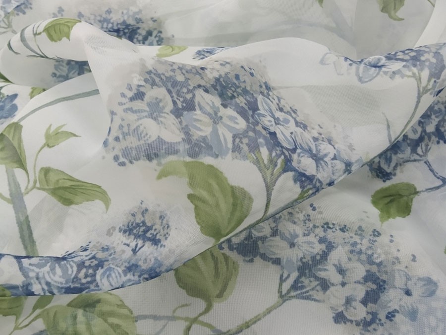 Тюль Вуаль Цветы гортензии голубой-зеленый/белый