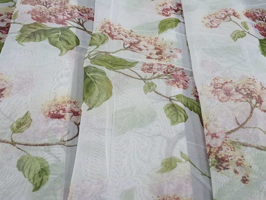 Тюль Вуаль Цветы гортензии терракотовый-зеленый/белый