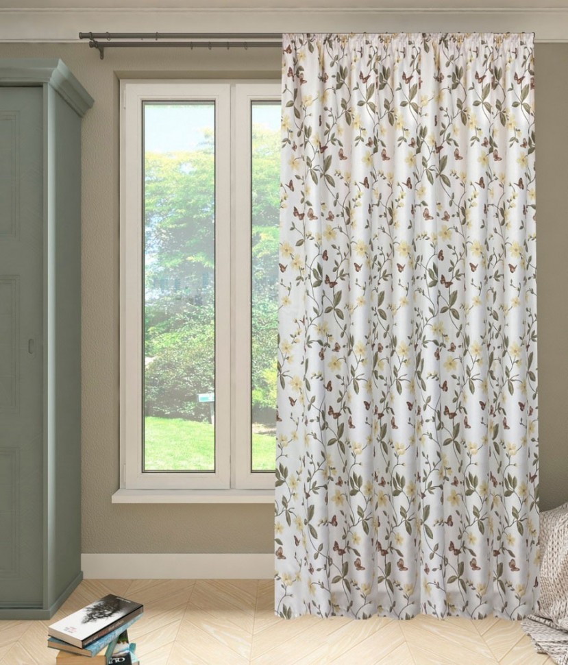 Штора Портьера Цветы Бабочки желто-зеленый/белый